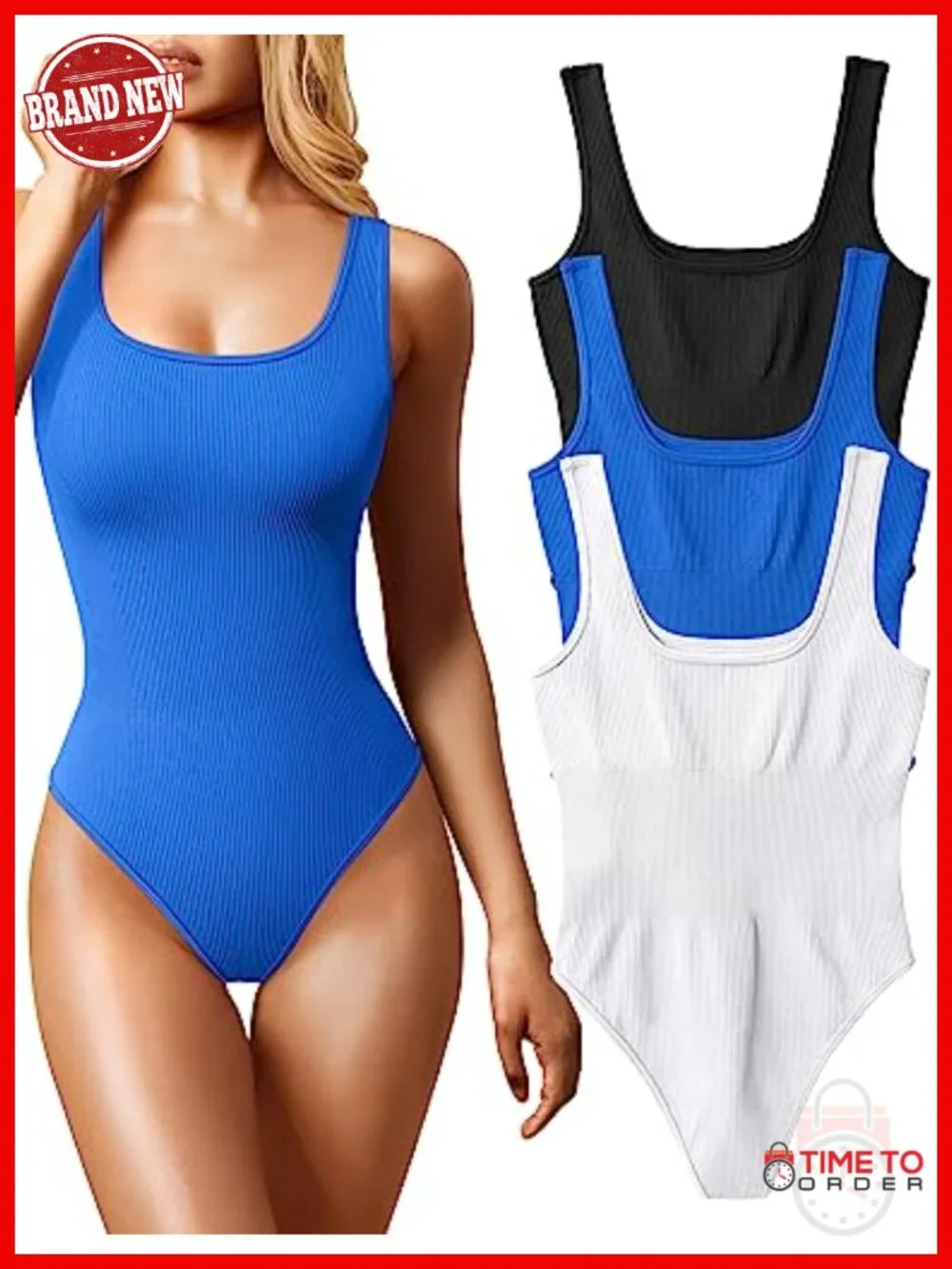 3 Piece Ribbed Square Neck Bodysuit Set Sleeveless Tank Tops Leotard Trendy